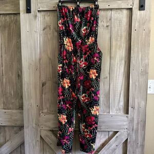 Express Strapless Jumpsuit Tropical Palm Floral hibiscus